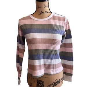 Supply Womens Waffle Knit Thermal Comfy Cozy Striped Preppy Sweater Pink Large